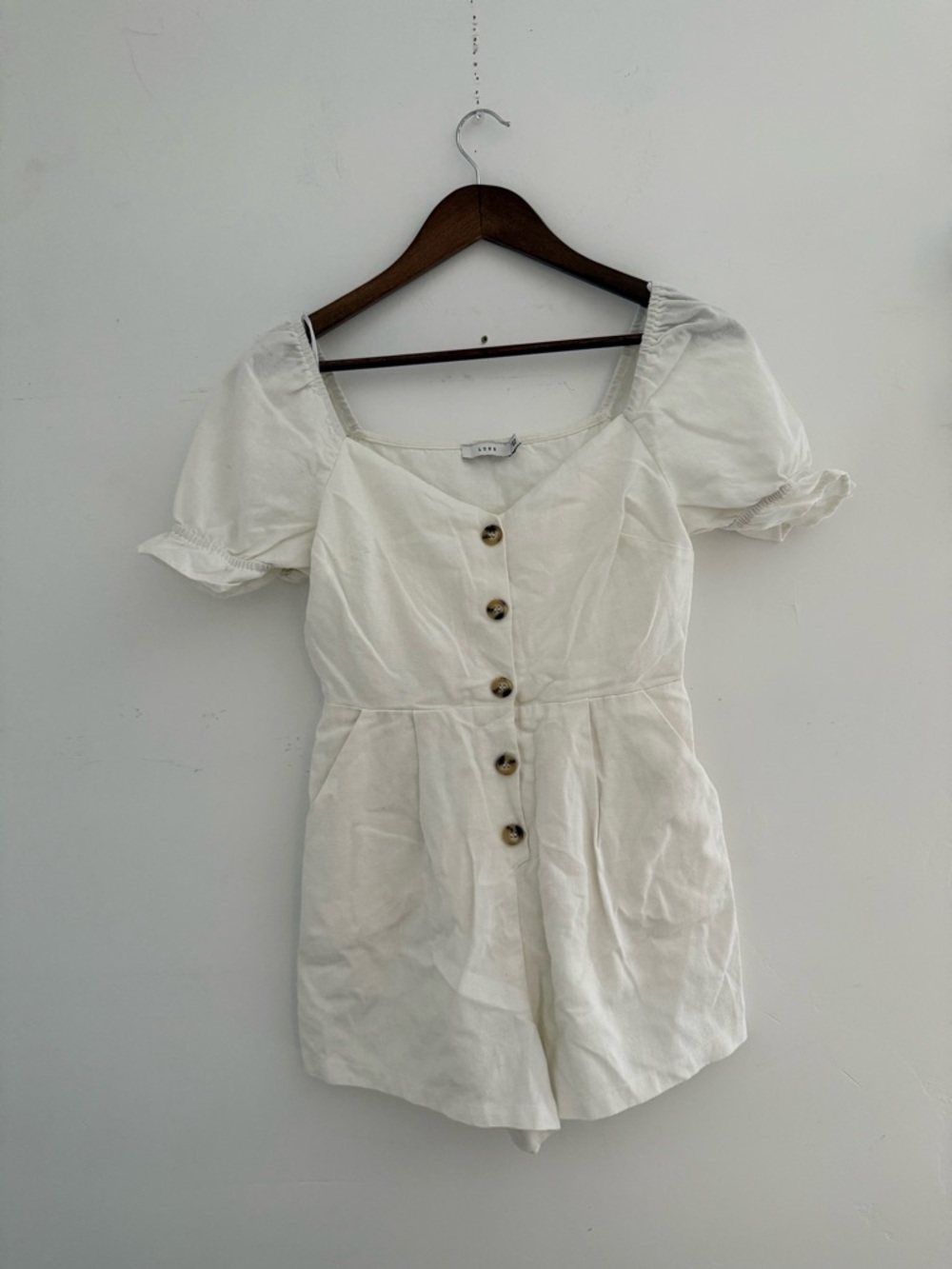 Lush White Button-Front Puff Sleeve Romper | cotton cottagecore romper size s